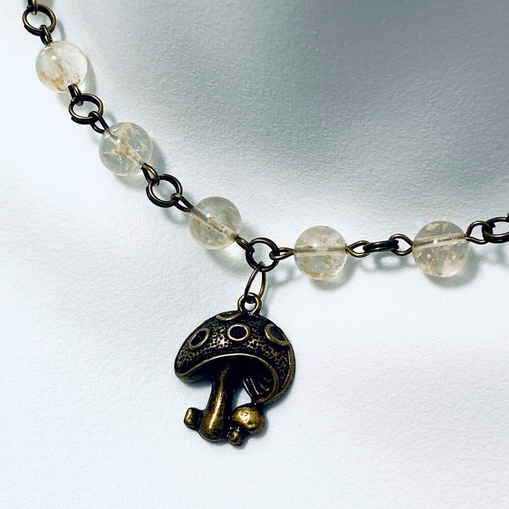 Natural Golden Rutilated Quartz Choker, Bronze Round Mushroom + Genuine Gemstone